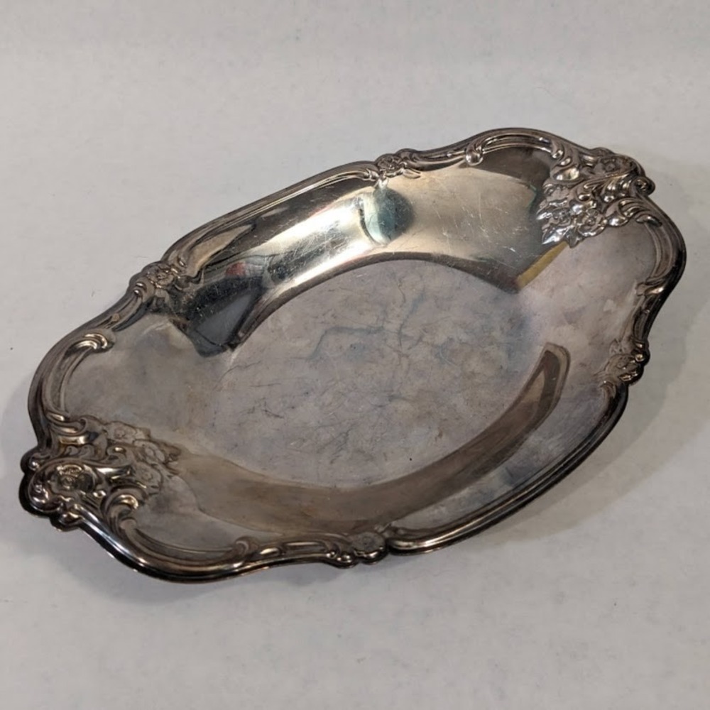 Vintage Silver Plated Oval Bowl Ornate Floral Scroll Scalloped Rim Dish Embossed